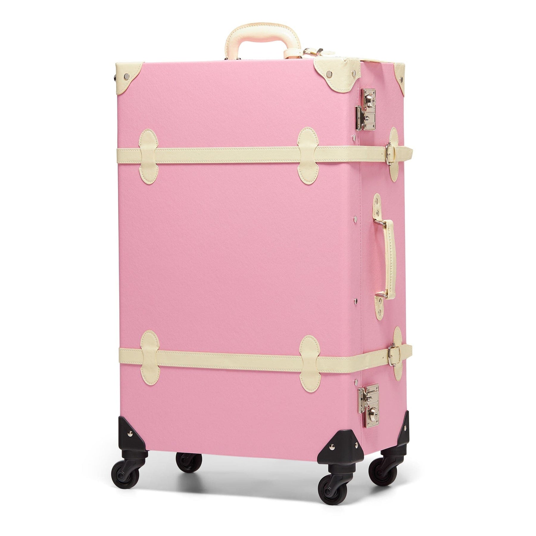 Angled product view of the check-in spinner Entrepreneur vegan leather suitcase in pink 